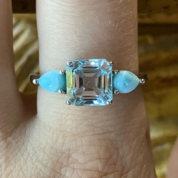 Sky Blue Topaz Larimar Sterling Silver Ring Size 9.75 - Picture 1 of 10